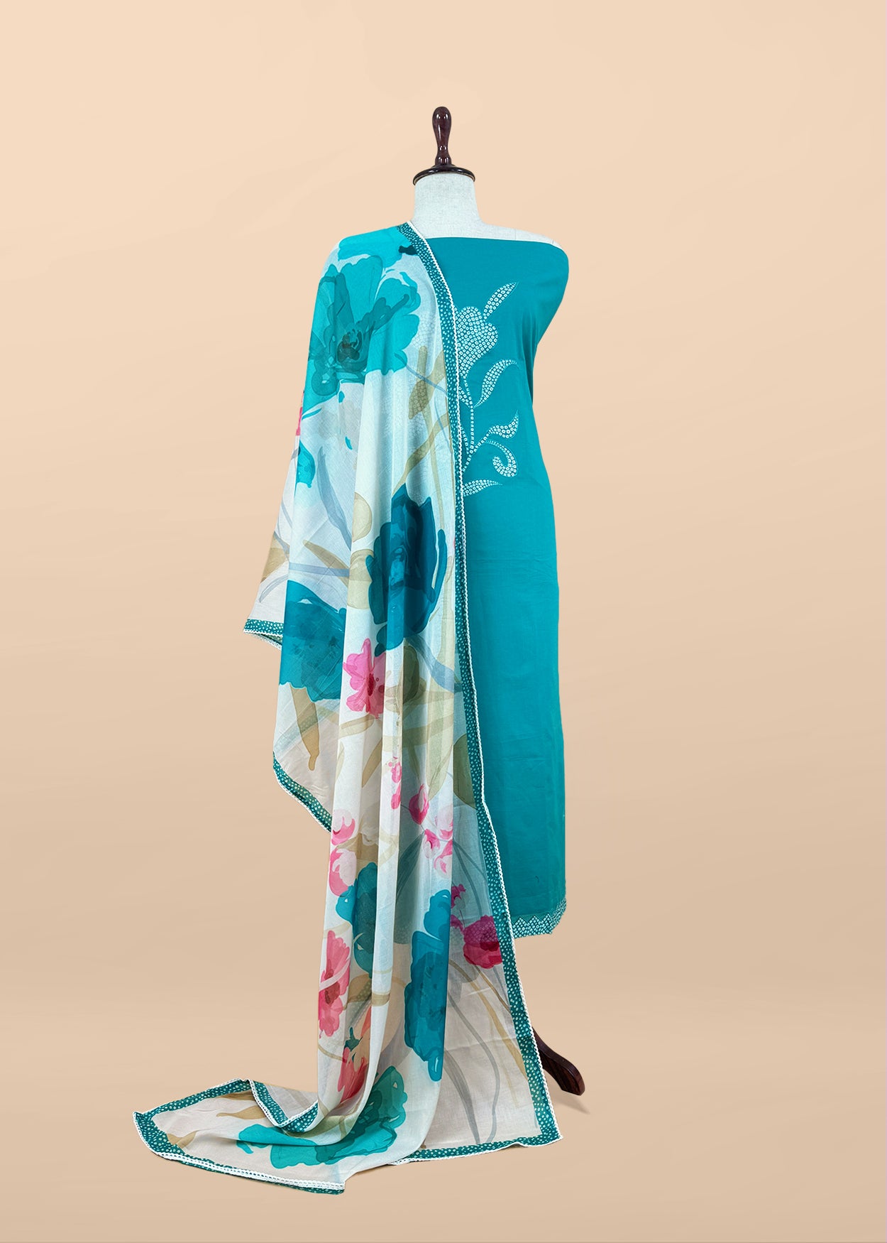 Turquoise Pure Cotton Suit With Bandhani Floral Applique Work