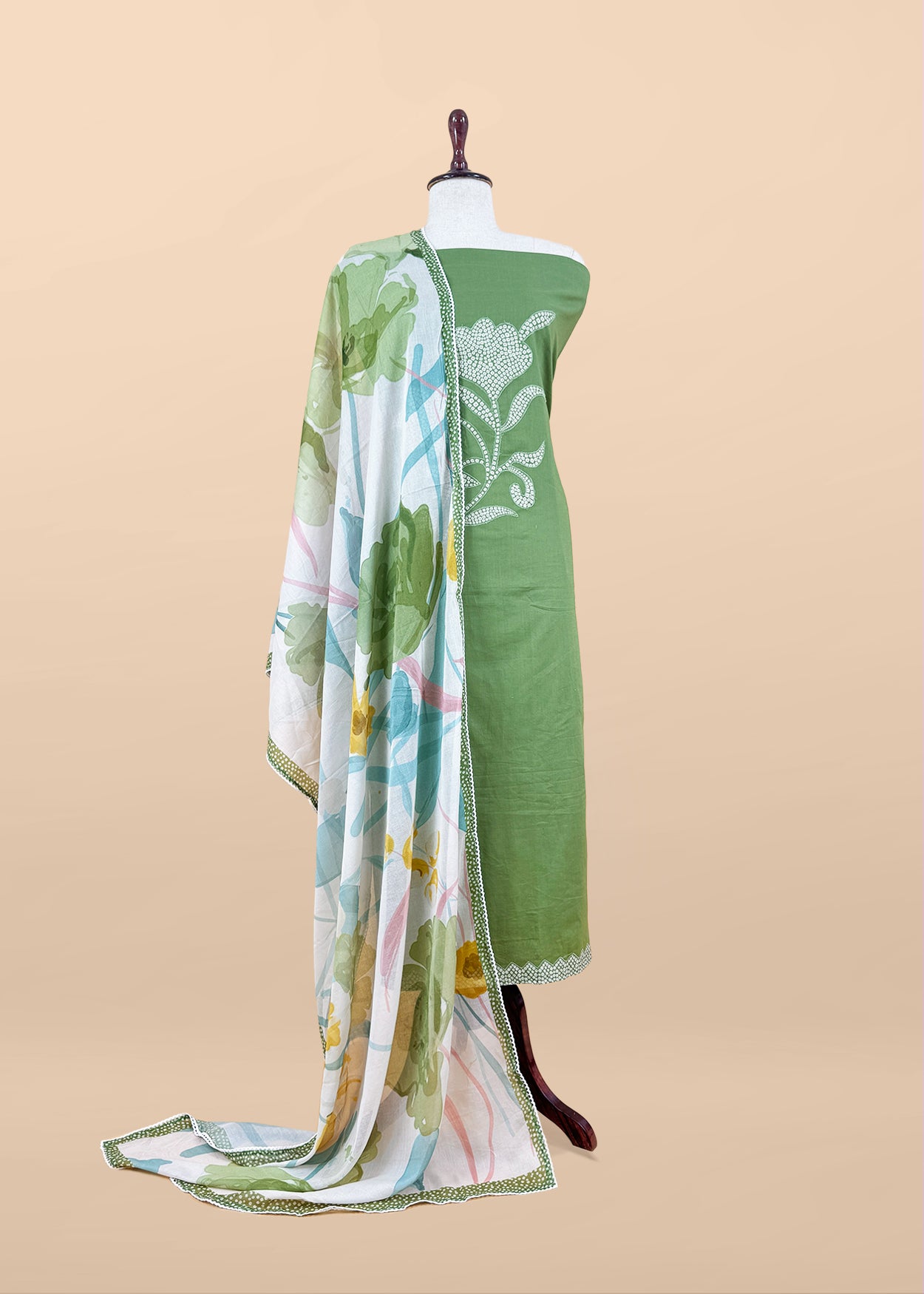 Green Pure Cotton Suit With Bandhani Floral Applique Work