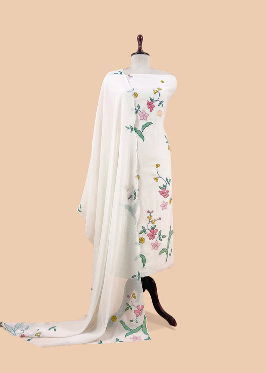 White Pure Mulmul Suit Fabric With Appliqué Work