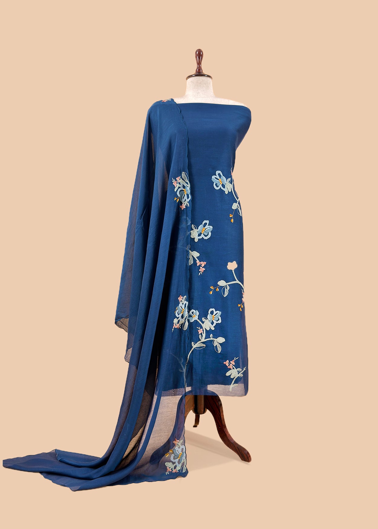 Royal Blue Pure Mulmul Suit Fabric With Appliqué Work