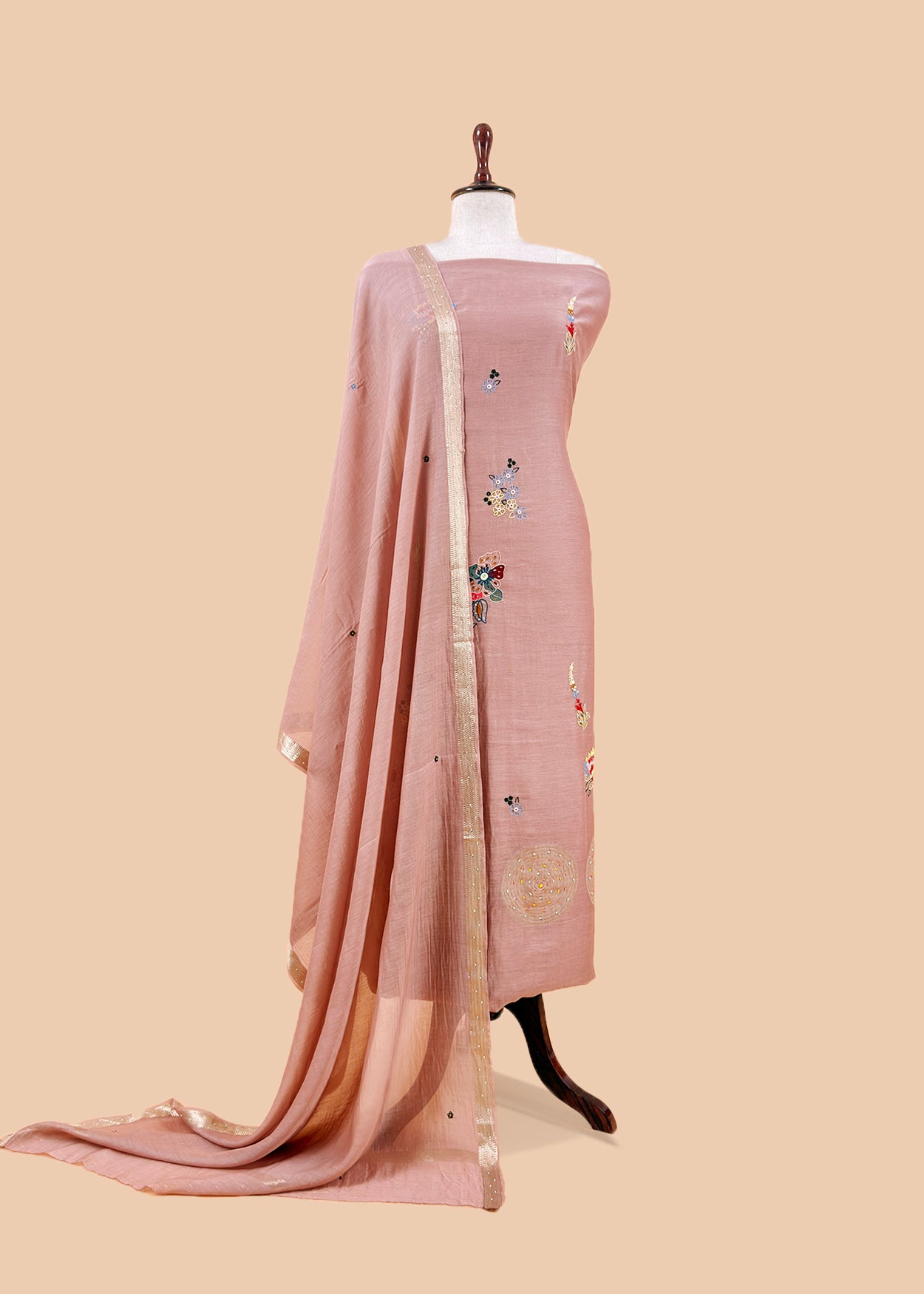 Light Peach Handloom Mul Unstitched Suit Fabric With Parsi Hand Embroidery And Jamdani Weaving