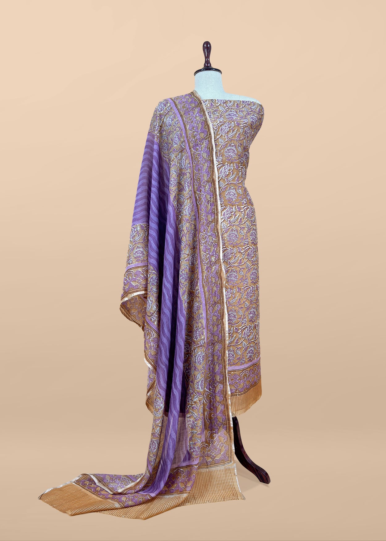 Brown Yellow Gulbahar Pure Mulmul Unstitched Suit Fabric With Jaipuri Handblock Print