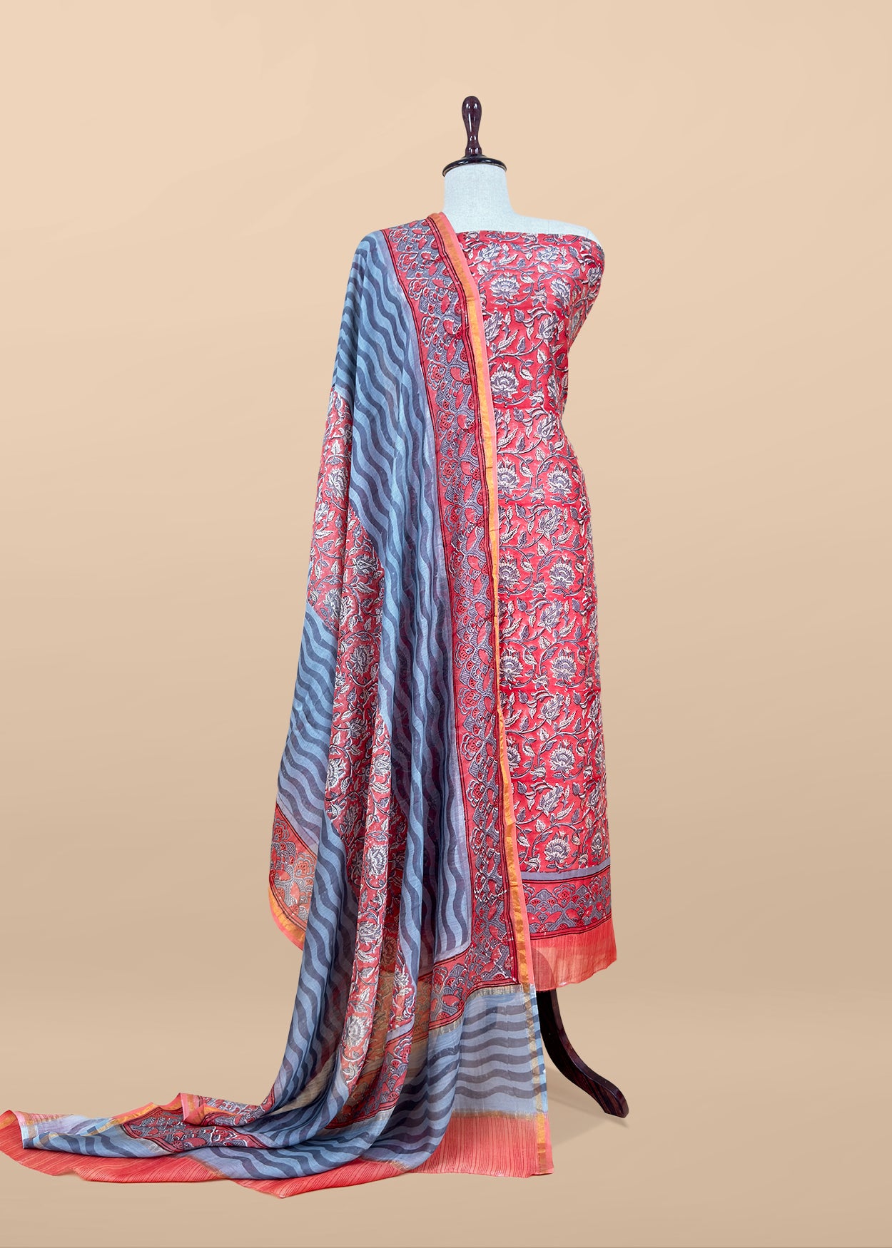 Orange Gulbahar Pure Mulmul Unstitched Suit Fabric With Jaipuri Handblock Print