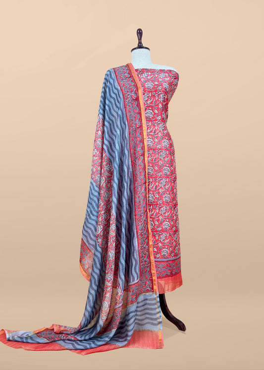 Orange Gulbahar Pure Mulmul Unstitched Suit Fabric With Jaipuri Handblock Print