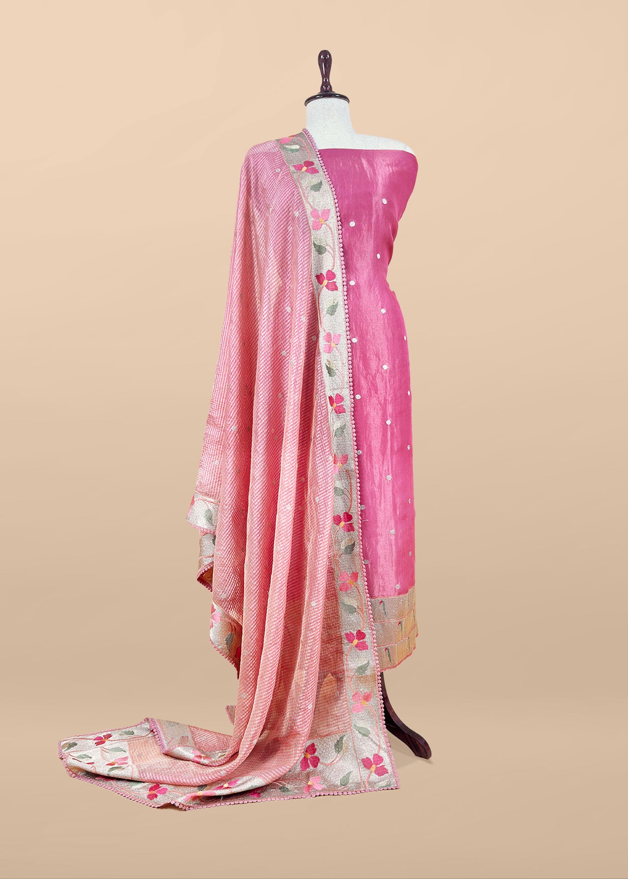 Pink Unstitched Pure Tissue Silk Suit With Paithani Weaving