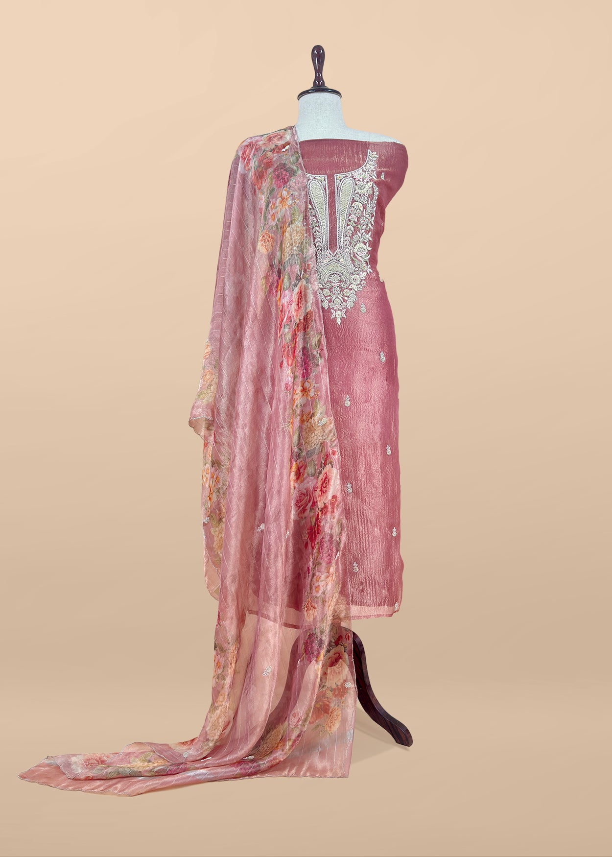 Tissue silk suit in zardosi and dabka handwork

