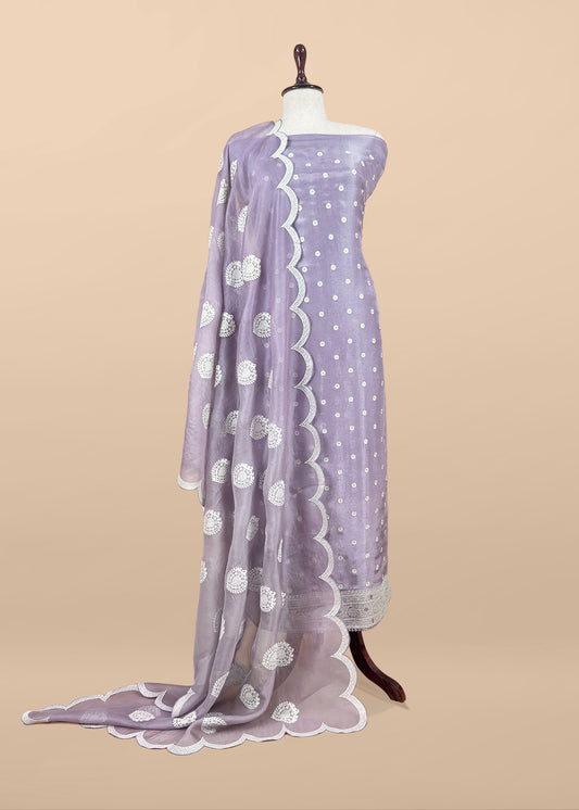 Luxe English Blue Handloom Silk Suit With Kora Silk Dupatta Adorned With Gold Pitta Work And Resham Embroidery
