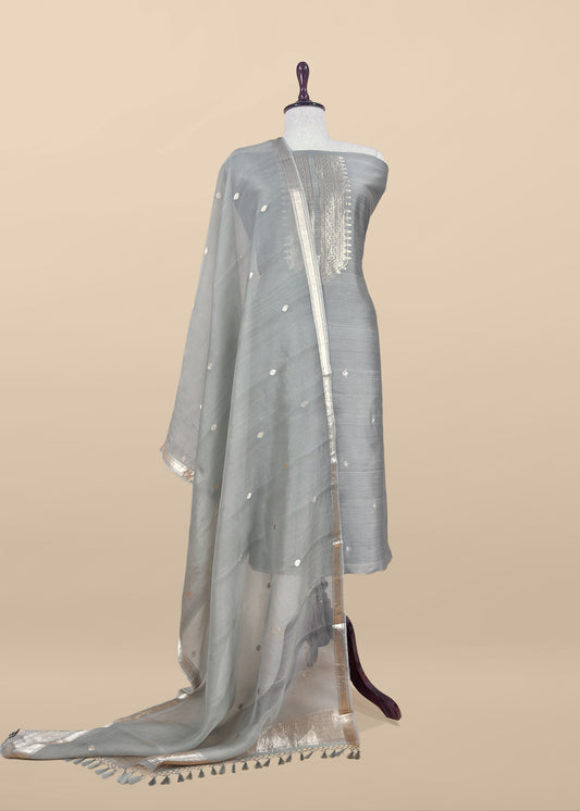 Grey Unstitched Pure Silk Suit With Kadwa Weaving