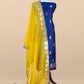 Purple And Yellow Handloom Raw Silk Suit With Kora Silk Dupatta