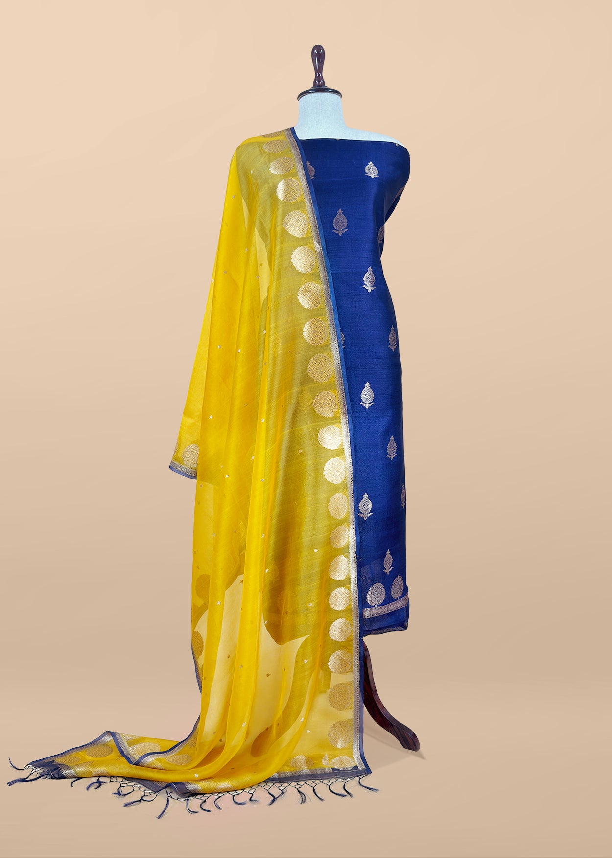 Purple And Yellow Handloom Raw Silk Suit With Kora Silk Dupatta