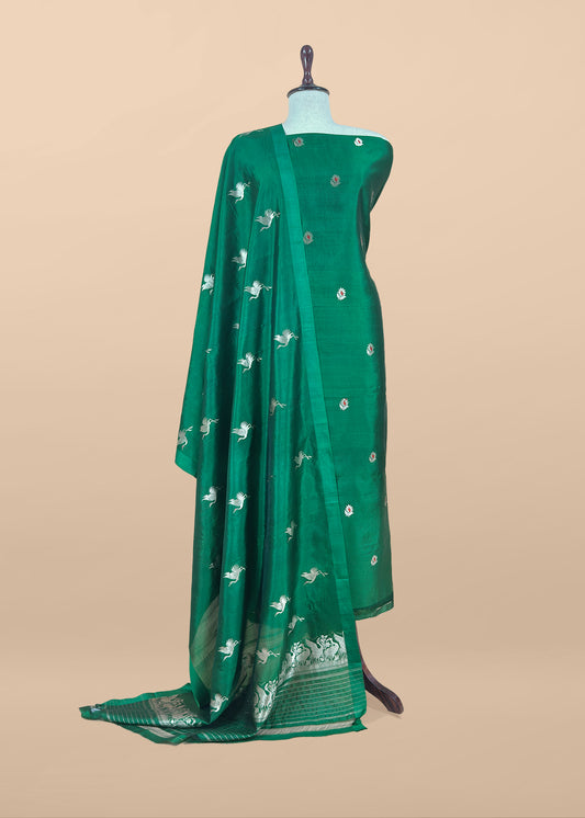 Green Chidiya Handloom Katan Silk Suit Fabric