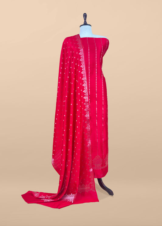 Red Pure Chiniya Silk Suit With Zari Weaving