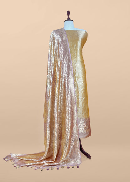Golden Yellow Pure Tissue Silk Suit With Kadwa Weaves