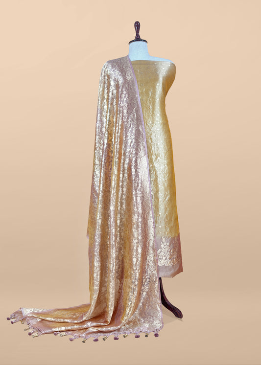 Golden Yellow Pure Tissue Silk Suit With Kadwa Weaves
