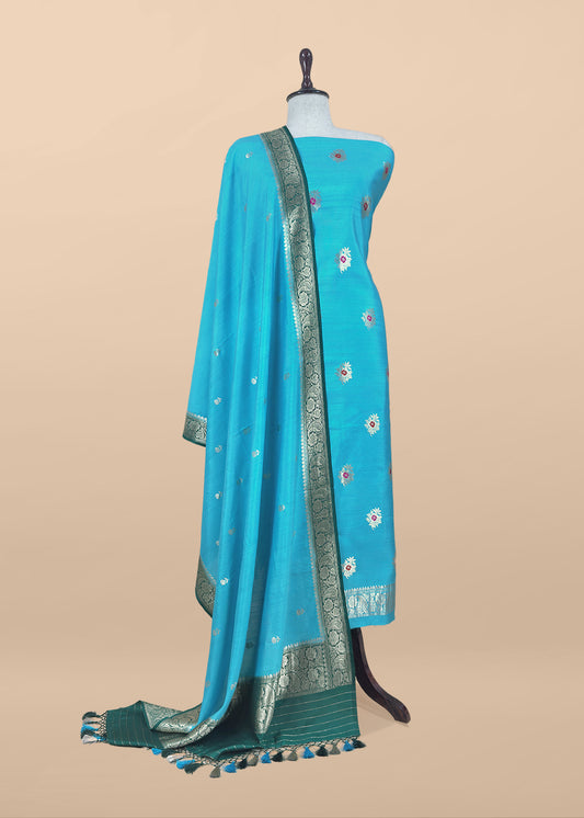 Blue Green Handloom Banarasi Silk Kurta With Kadwa Meenakari Weaving
