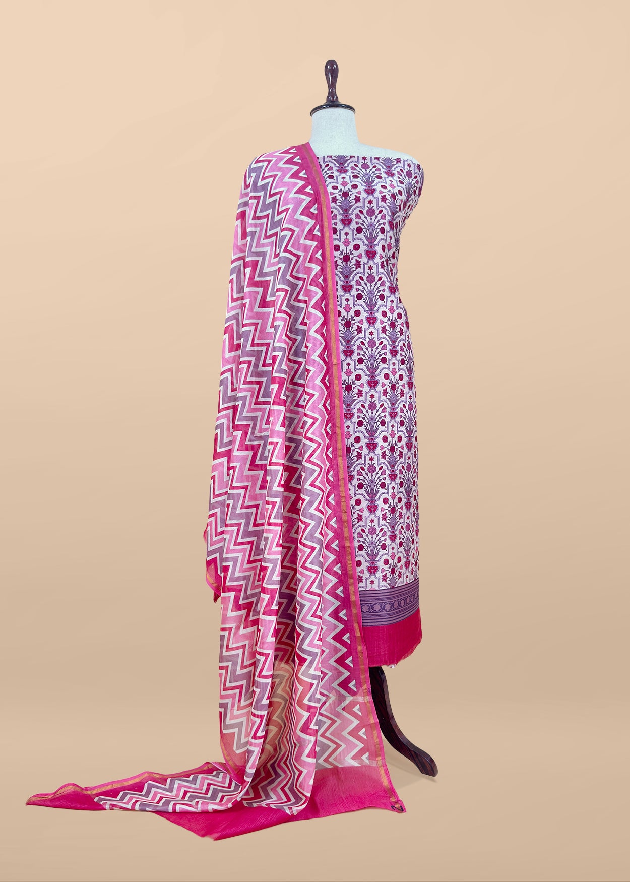 Lavender Gulbahar Pure Maheshwari Silk Unstitched Suit Fabric With Jaipuri Handblock Print
