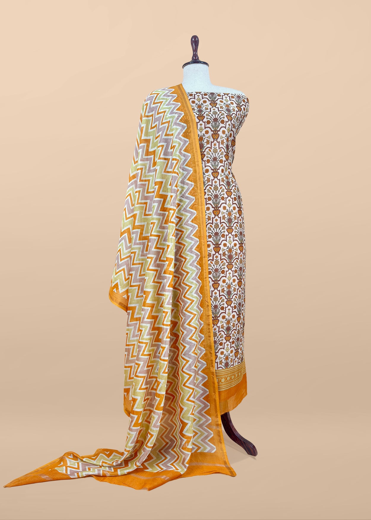 Mustard Gulbahar Pure Maheshwari Silk Unstitched Suit Fabric With Jaipuri Handblock Print