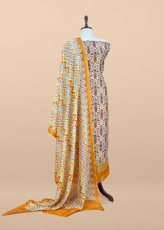 Mustard Gulbahar Pure Maheshwari Silk Unstitched Suit Fabric With Jaipuri Handblock Print