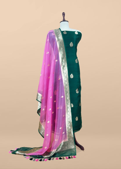 Bottle Green Handloom Kadwa Weaves Kora Silk Kurta And Contrast Dupatta