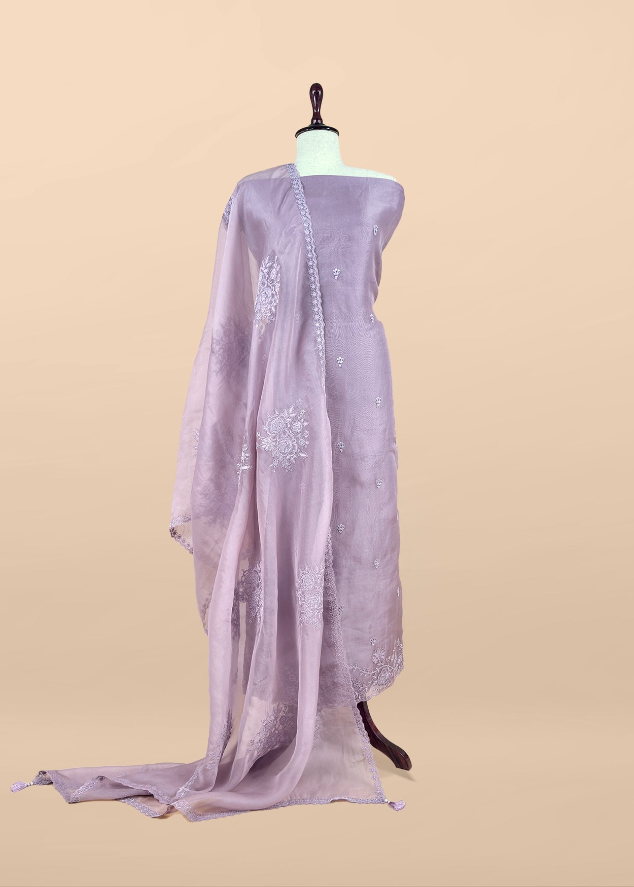 Pure organza unstitched suit set with handprinted dupatta

