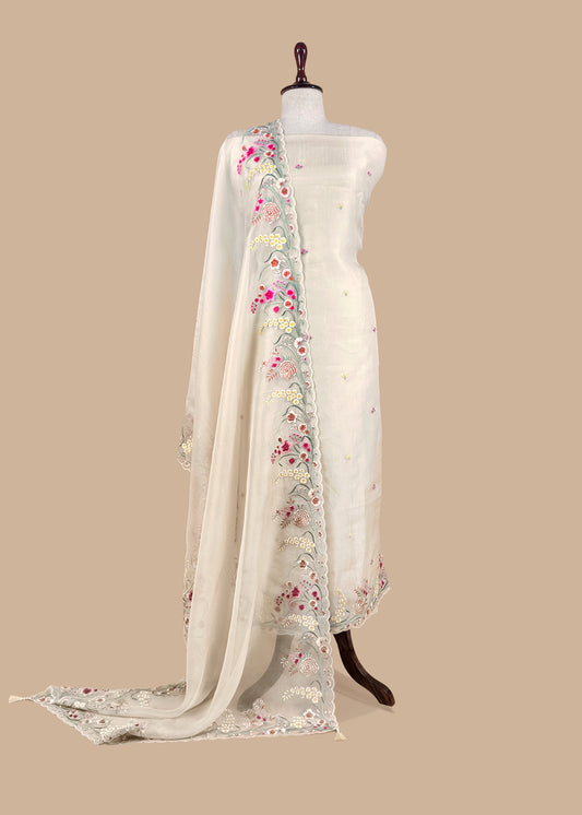 Off White Parsi Thread Embroidery Pure Organza Unstitched Suit With Dupatta