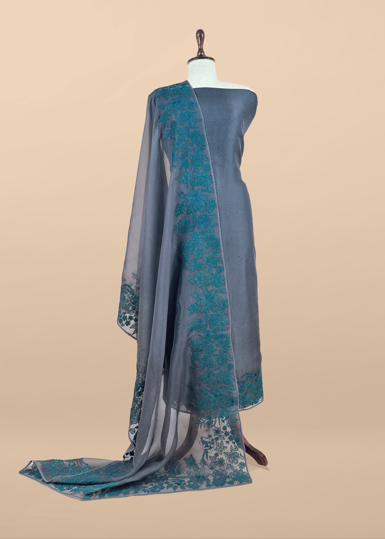Luxe Grey And Pine Green Kora Silk Suit With French Thread Embroidery