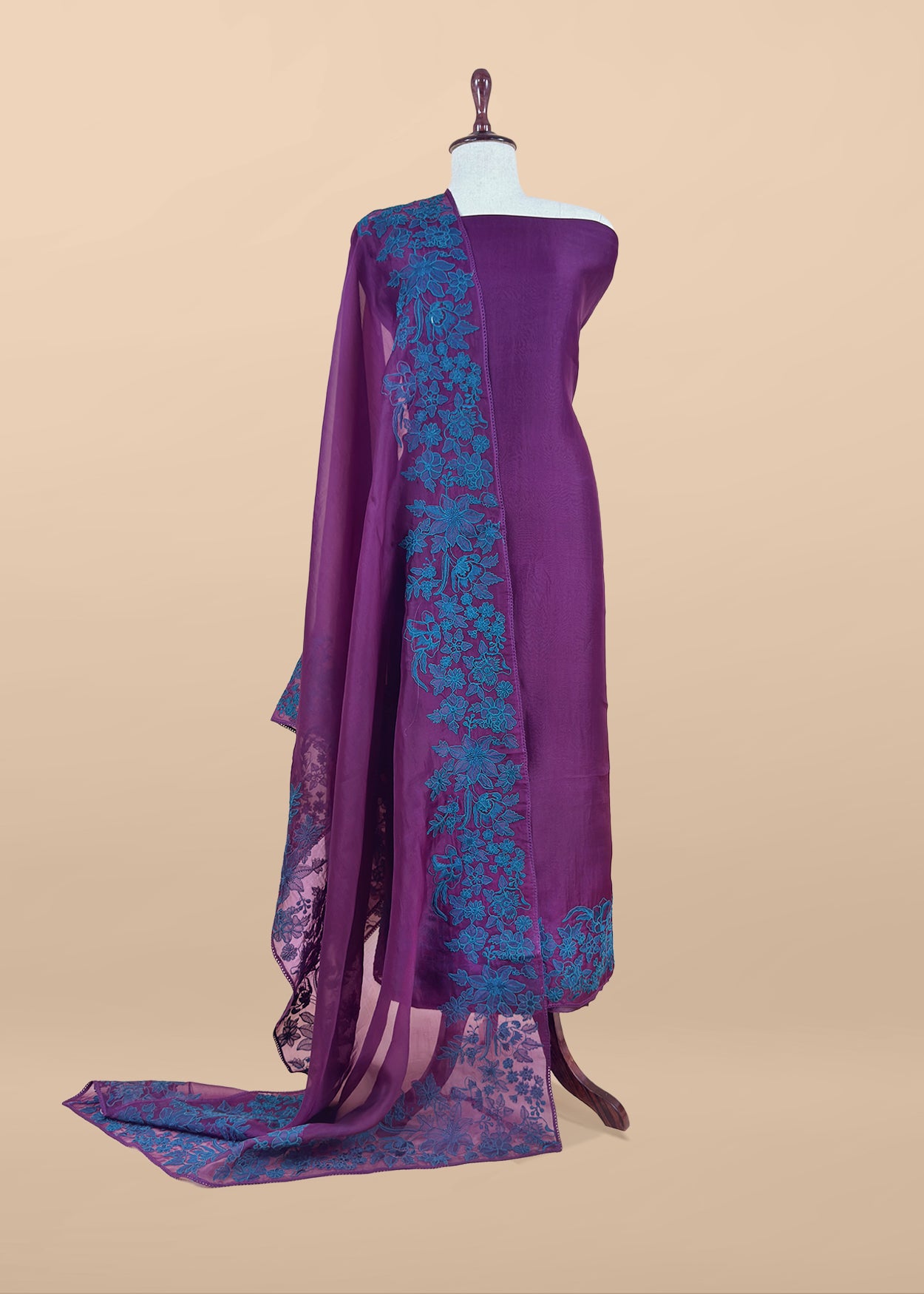 Luxe Purple And Pine  Blue  Kora Silk Suit With French Thread Embroidery