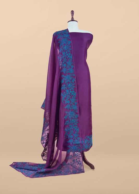 Luxe Purple And Pine  Blue  Kora Silk Suit With French Thread Embroidery