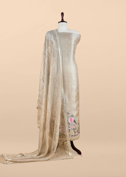Beige latte Pure kora silk Unstitched Suit with Embroidery