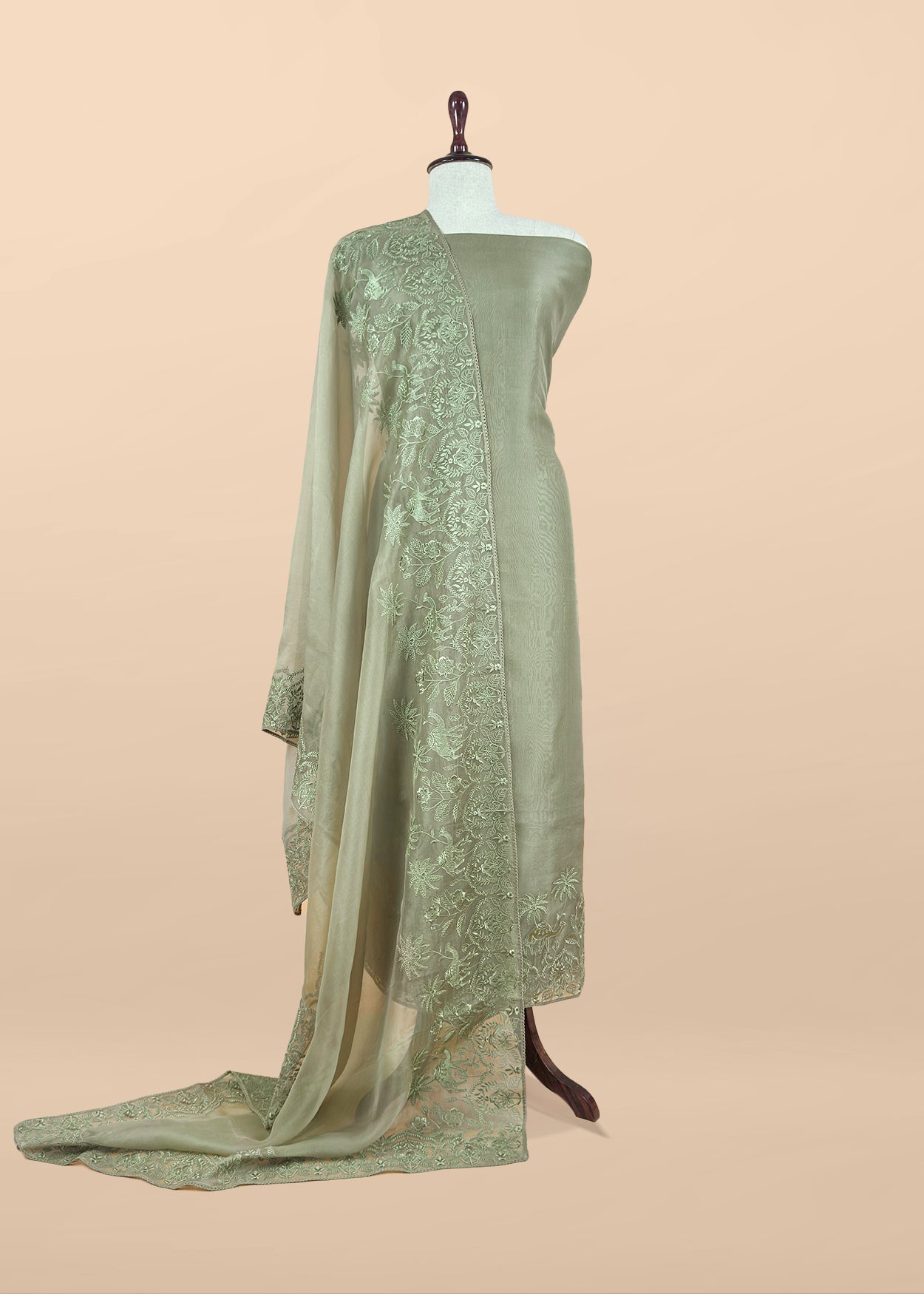 Green Handloom Kora Silk Suit With Parsi Embroidery