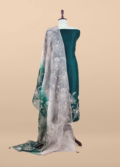 Bottle Green Pure Kora Silk Suit With French Thread Embroidery