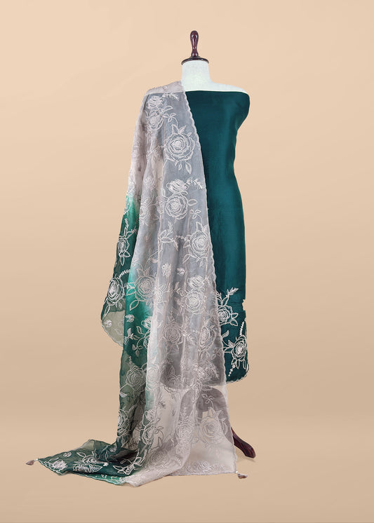 Bottle Green Pure Kora Silk Suit With French Thread Embroidery