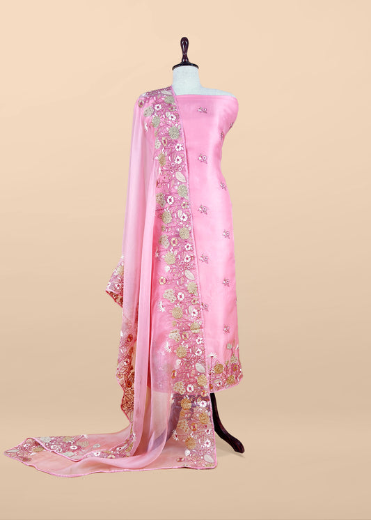 Baby Pink Handloom Kora Silk Suit With Parsi Embroidery