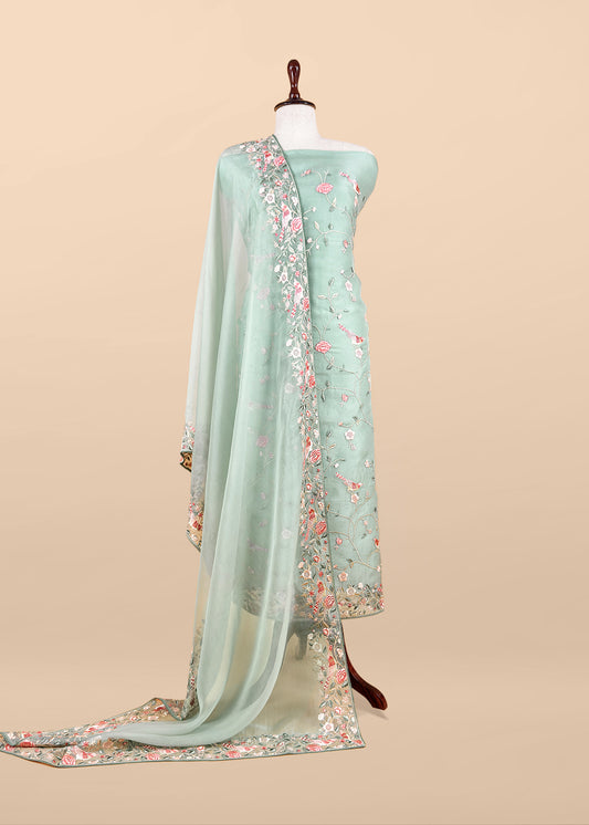 Pastel Green Parsi Thread Embroidery Pure Organza Unstitched Suit With Dupatta