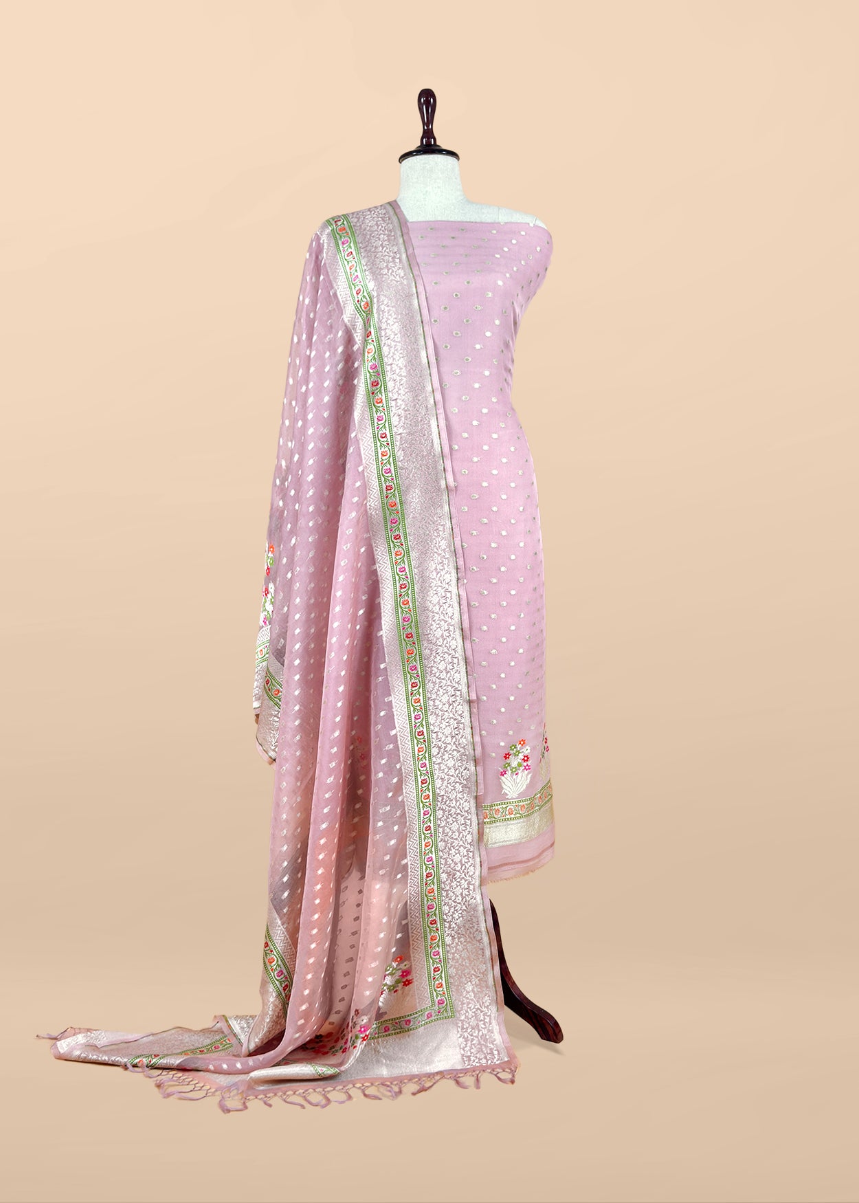 Grey Handloom Georgette Unstitched Suit Fabric With Kadwa Brocade Jaal Weaving