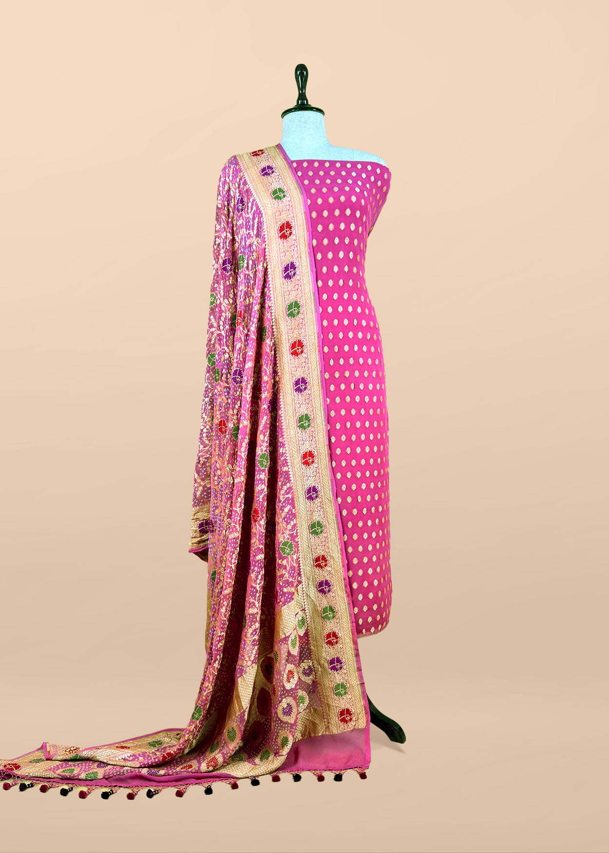 Luxe Taffy Pink Khaddi Georgette Suit Fabric With Mughal Meenakari Weaving