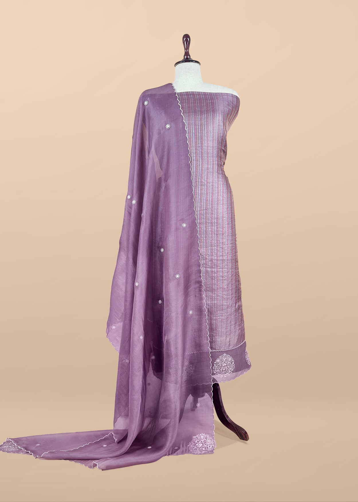 Lilac Handloom Tussar Silk Suit With Pitta Handwork