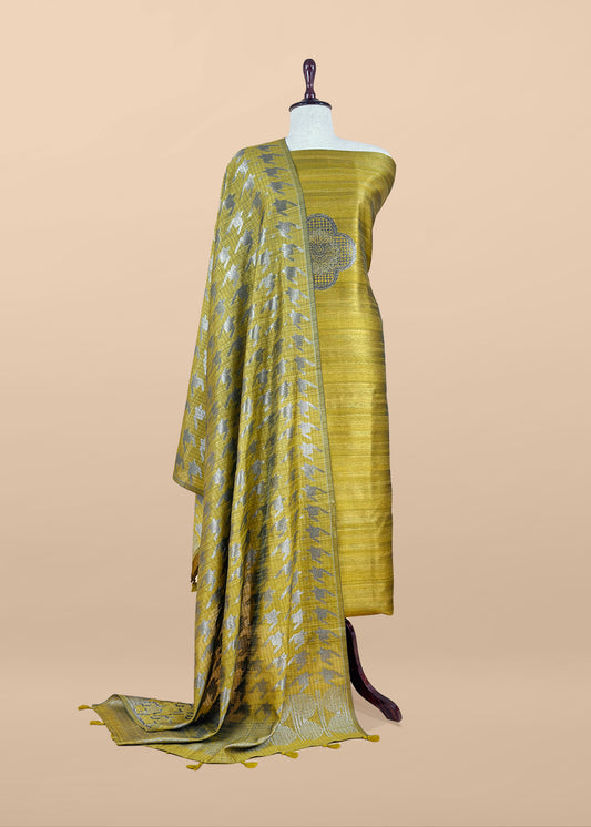 Apple Green Raw Silk Suit With Jamdani Weaving
