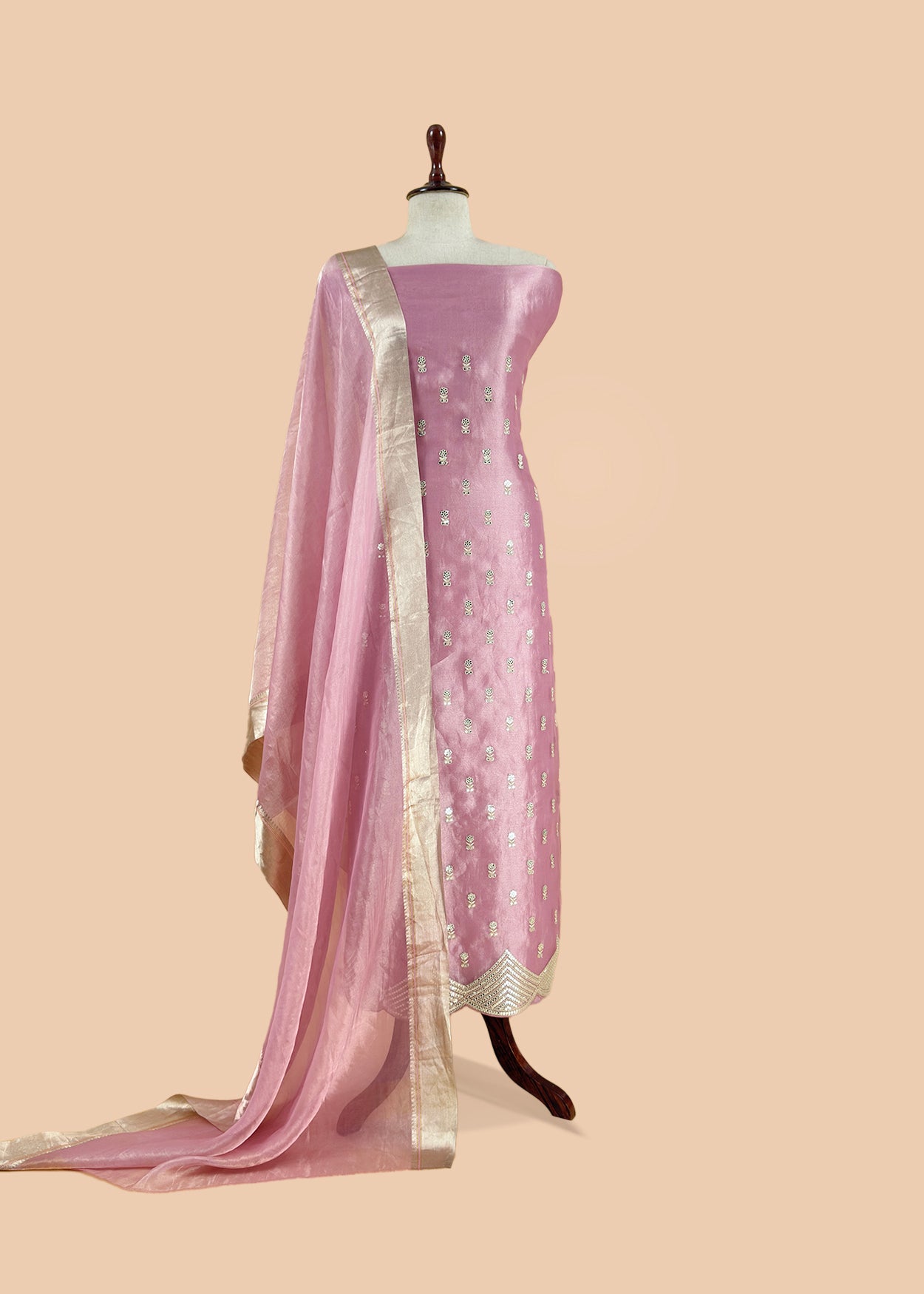 Pink Luxe Handloom Tissue Silk Unstitched Suit With Mirror Work
