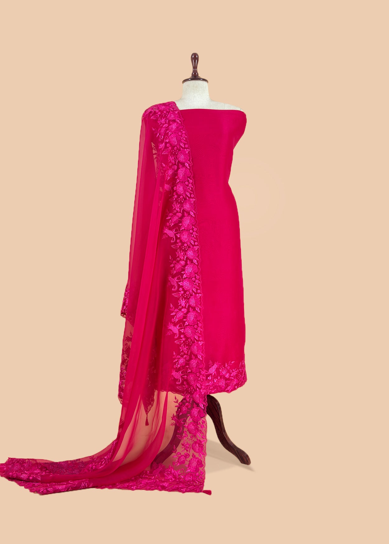 Pink Handloom Kora Silk Suit With Parsi Thread Embroidery