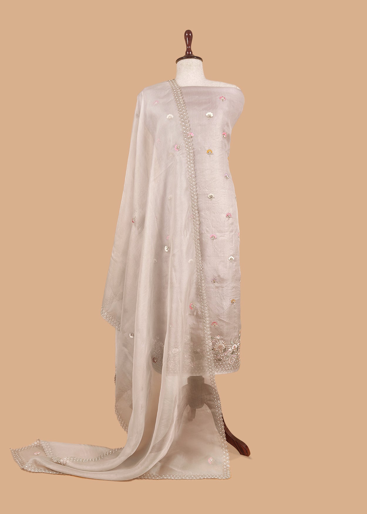 Grey Kora Silk Suit Fabric With Dori And Dabka Embroidery