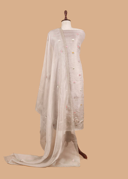 Grey Kora Silk Suit Fabric With Dori And Dabka Embroidery
