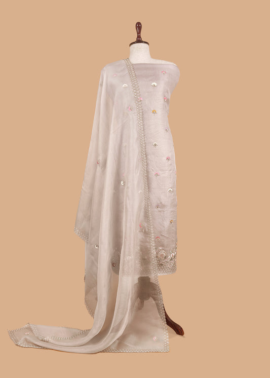 Grey Kora Silk Suit Fabric With Dori And Dabka Embroidery