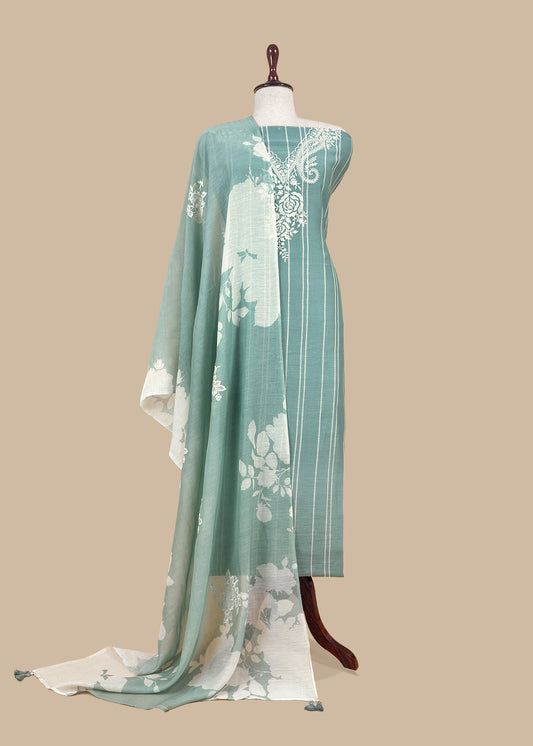 Sea Green Handloom Mul Unstitched Suit Fabric With Digital Print And Embroidery