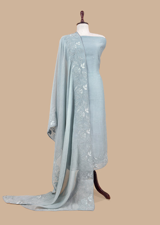 Kalasheel Luxe Powder Blue Handloom Mulmul Suit With Floral French Embroidery