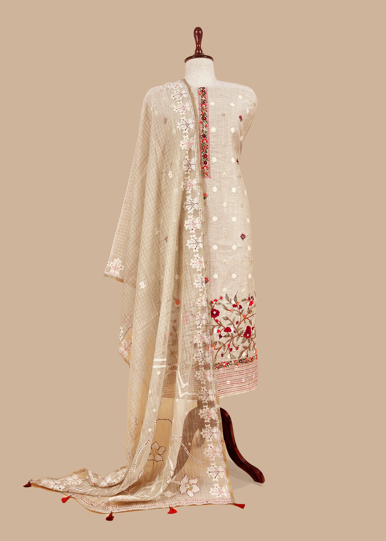 Light Fawn Linen Chanderi Unstitched Suit With French Knot And Kantha Hand Embroidery