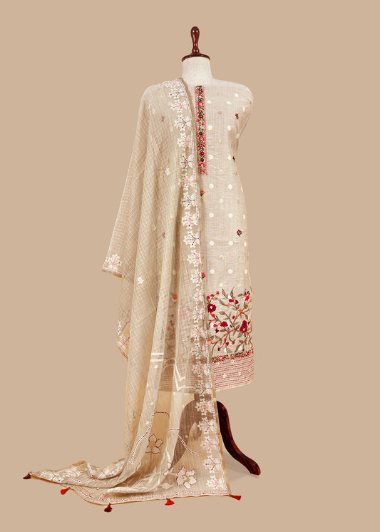 Light Fawn Linen Chanderi Unstitched Suit With French Knot And Kantha Hand Embroidery