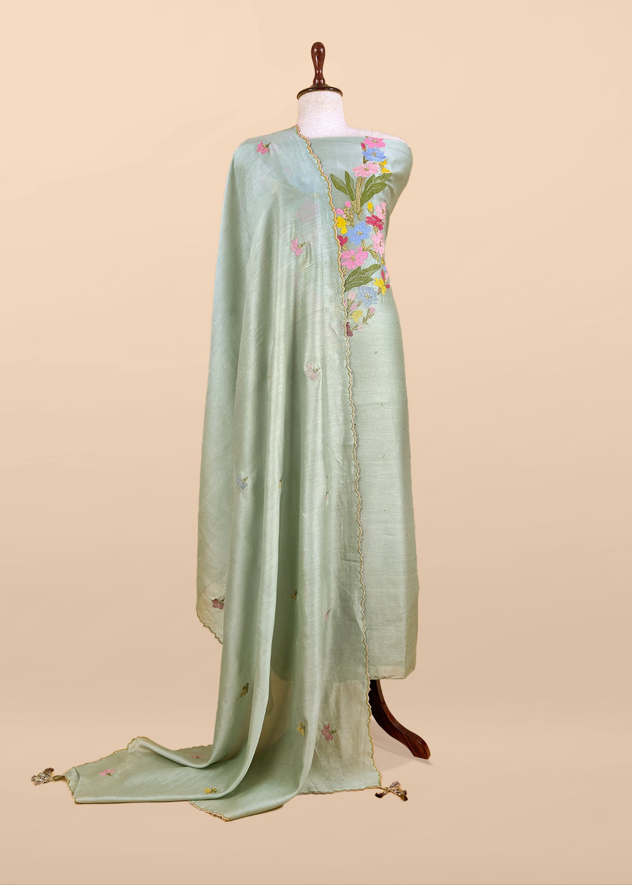 Sage Green Handloom Chanderi Silk With Floral Thread Embroidery