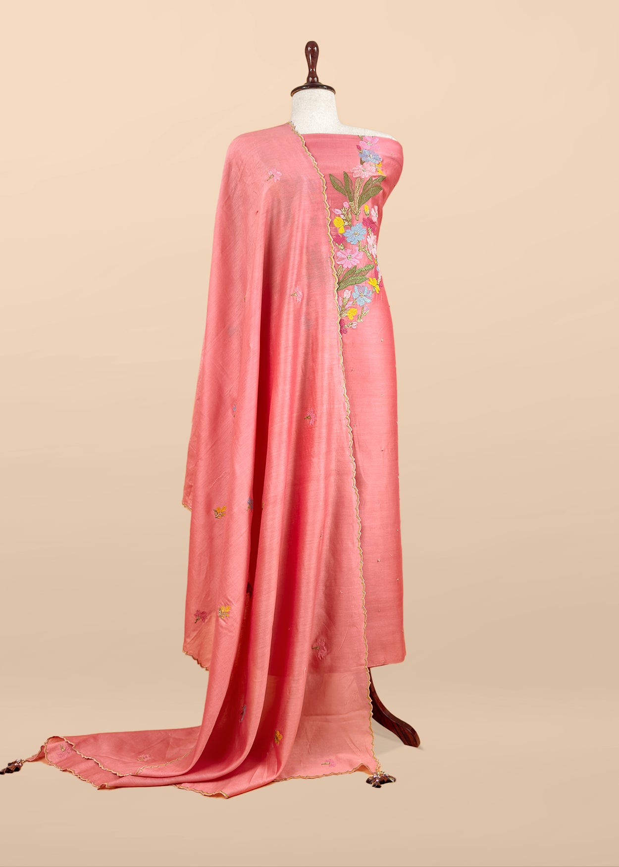 Peach Handloom Chanderi Silk With Floral Thread Embroidery