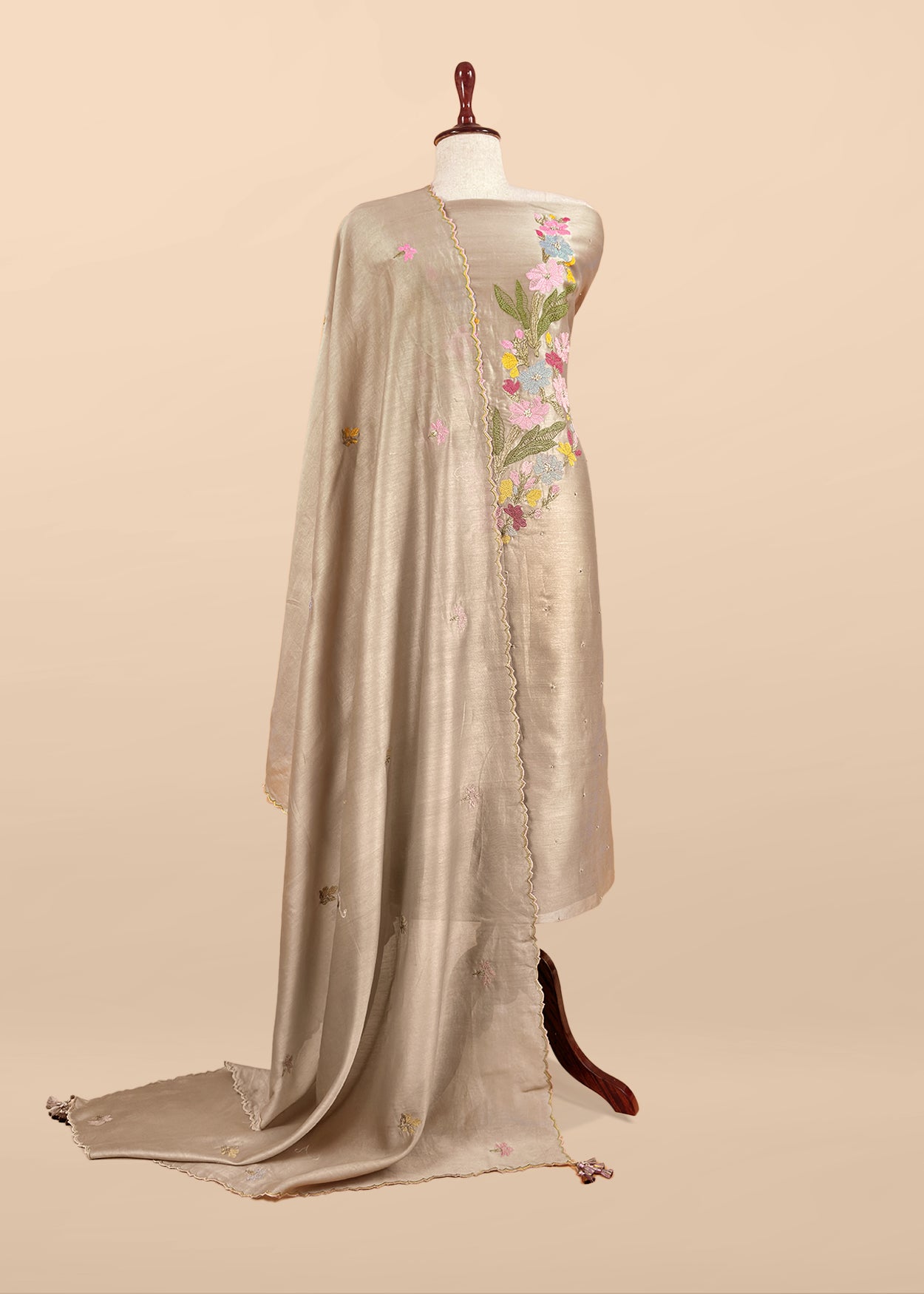 Beige Handloom Chanderi Silk With Floral Thread Embroidery